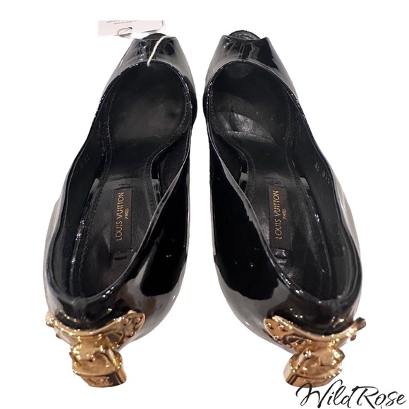 LOUIS VUITTON LV Gold Padlock Black Patent Oh Really Platform Peep Toe Pumps 38 - Picture 6 of 17